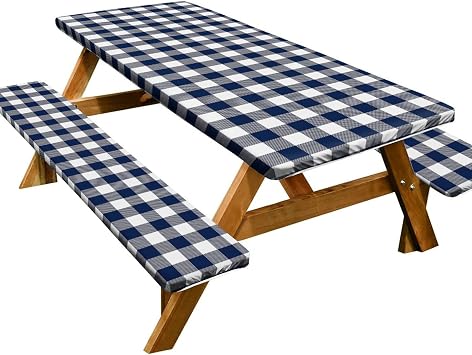 Irisbell Picnic Table Cover with Bench Covers,3PCS Fitted Buffalo Plaid Tablecloth with Elastic 72 x 30 inch,Waterproof Windproof 6FT Table Cloth for Camping Outdoor Plaid Navy, 72 x 30 inch