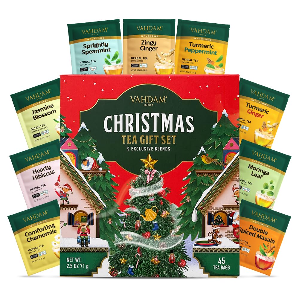 VAHDAM Coffret Thé De Noël 2025 | 9 Uniques Saveurs, 45 Sachets – Coffret De Fête Exclusif | Cadeaux De Pour Femmes Et Hommes | Cadeaux De Thé De Noël 2025