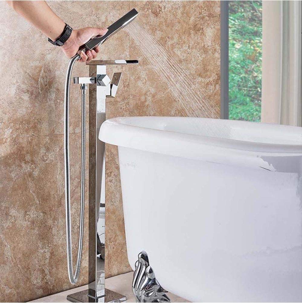 SnamicE Floor-Standing Bathroom Faucet Floor Mounted Waterfall Spout Tub Mixer Faucet Black Bronze Bathroom Bath Shower Set with Handshower Freestanding Bathtub Tap,Chrome Tub Fauc,