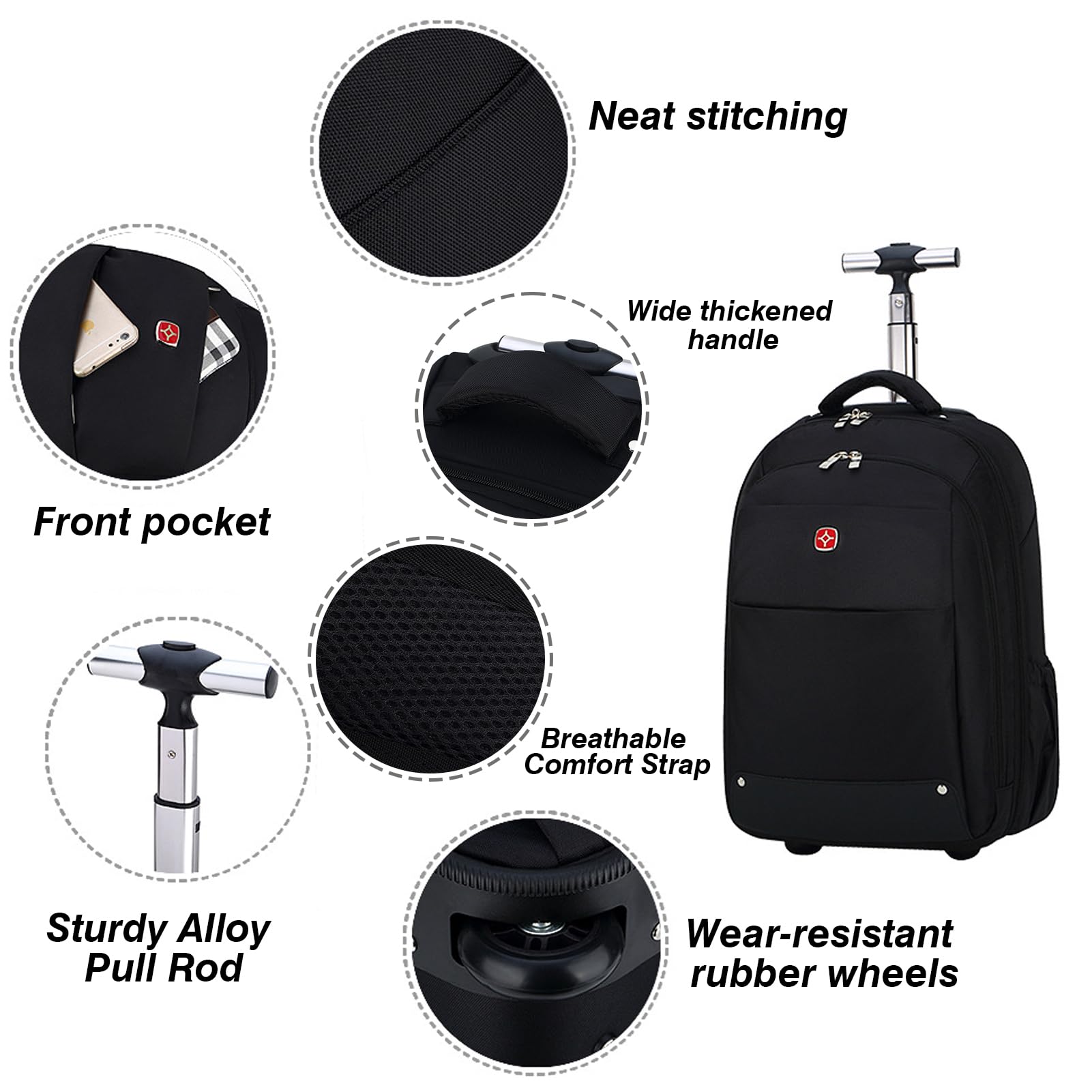 Mochila con Ruedas 15,6 Pulgadas Trolley con Ruedas Grande 55L Maleta de Mano Portátil Impermeable Bolsa de Viaje con Ruedas Mango Telescópico Reforzado Compartimento para Laptop Mujeres Hombre Negro