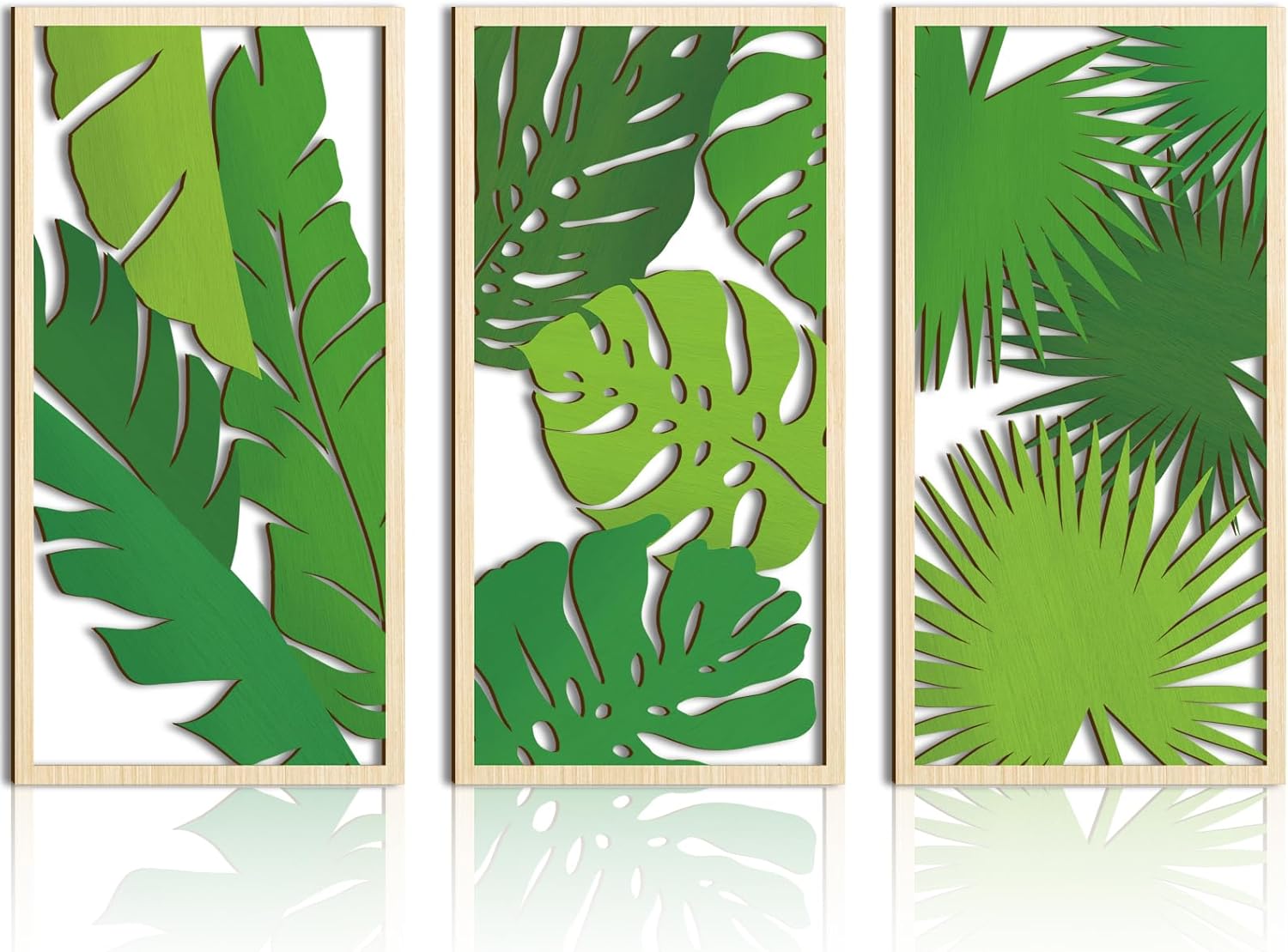 IARTTOP Large Green Tropical Palm Leaf Wood Wall Decor 16 * 32 Inch Abstract Monstera Leaves Wooden Wall Art Minimalist banana leaf Wall Sculptures for Living room Bedroom Office Set of 3