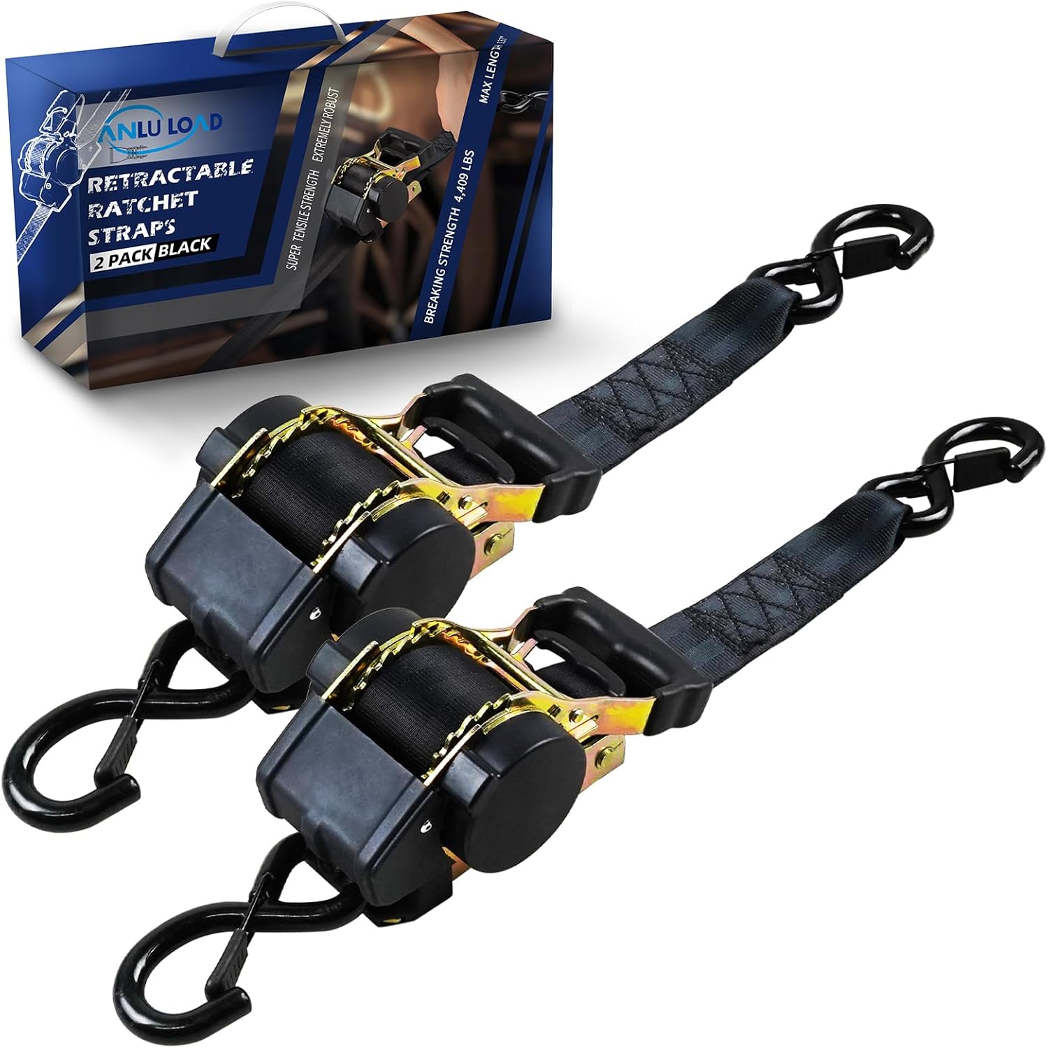 ANLULOAD Retractable Ratchet Strap,（1.77In*9.84Ft） S Hook Retractable Tie Down Strap for Motorcycles, Boats,Atvs,Utvs.BS:4409Lbs