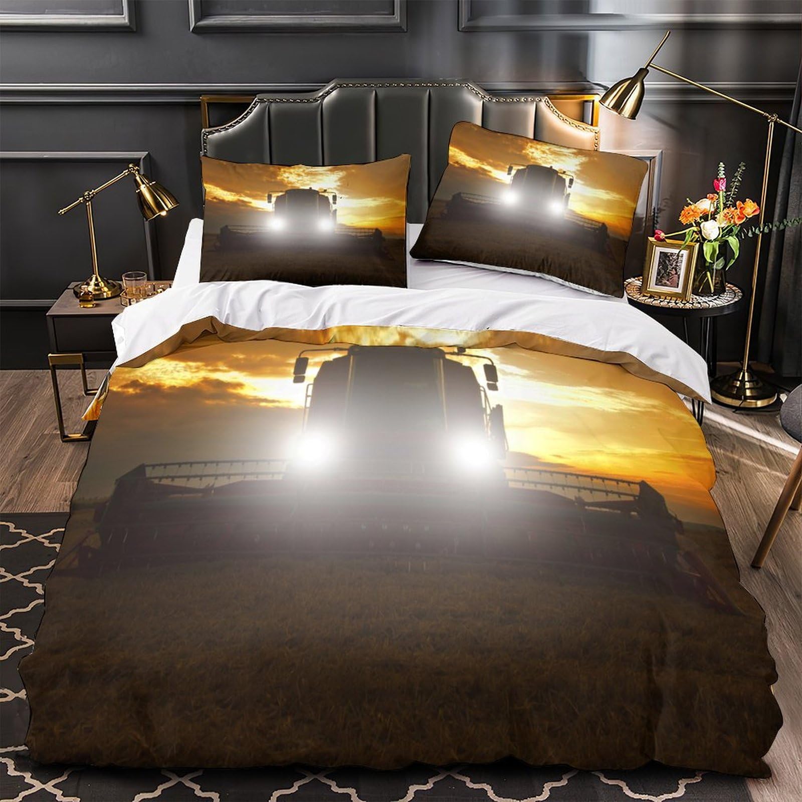 Housse de couette moissonneuse 140x200 parure de lit microfibre 3D pour lit simple adulte