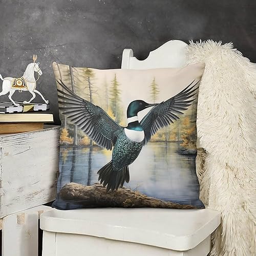 Miniatura 3 de Funda de cojín cuadrada de 12 x 12 pulgadas, diseño de loon que dobla sus alas para sofá, sofá, naturaleza, pájaro, lago, agua, cojines decorativos