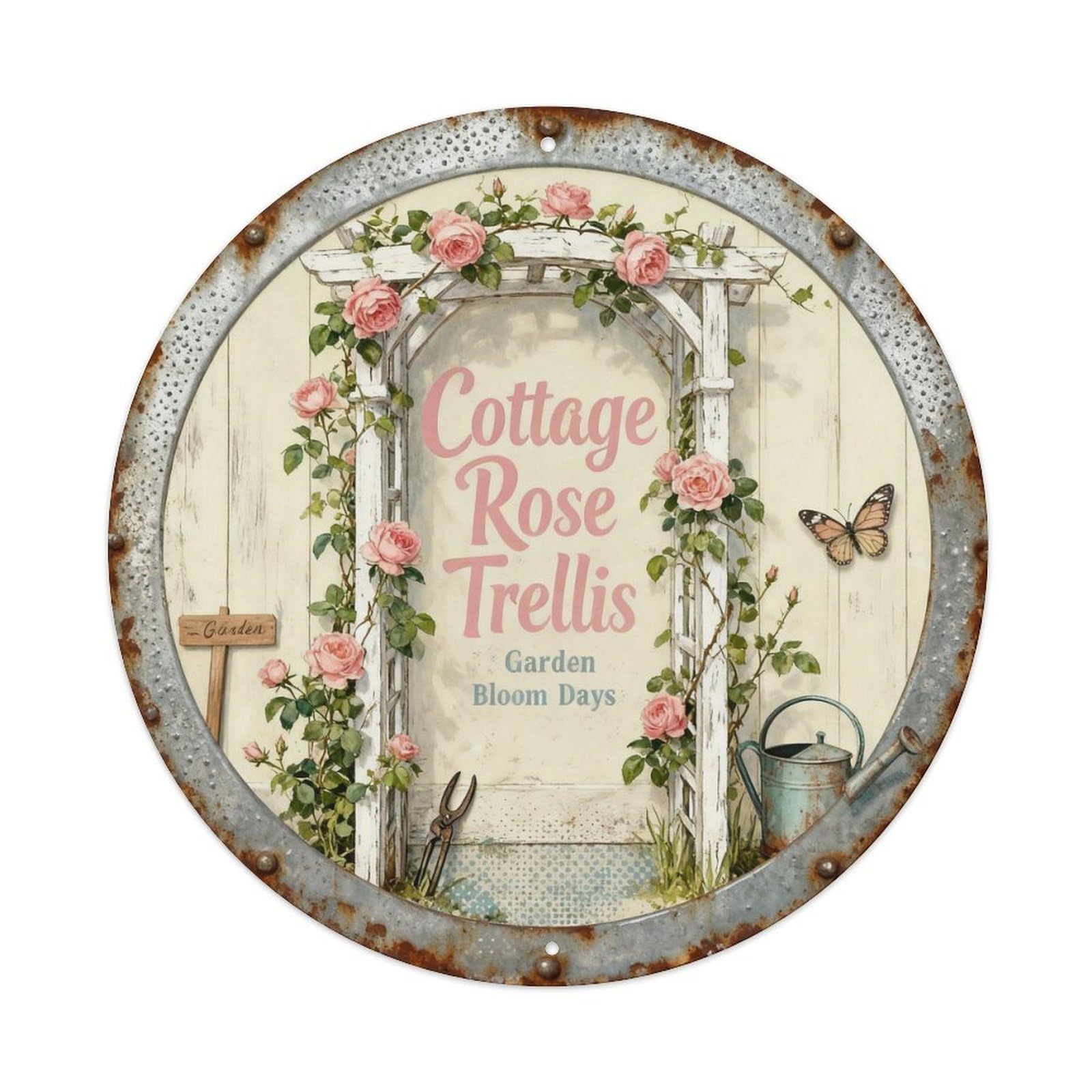 Cottage Rose Trellis Metal Tin Sign Plaque