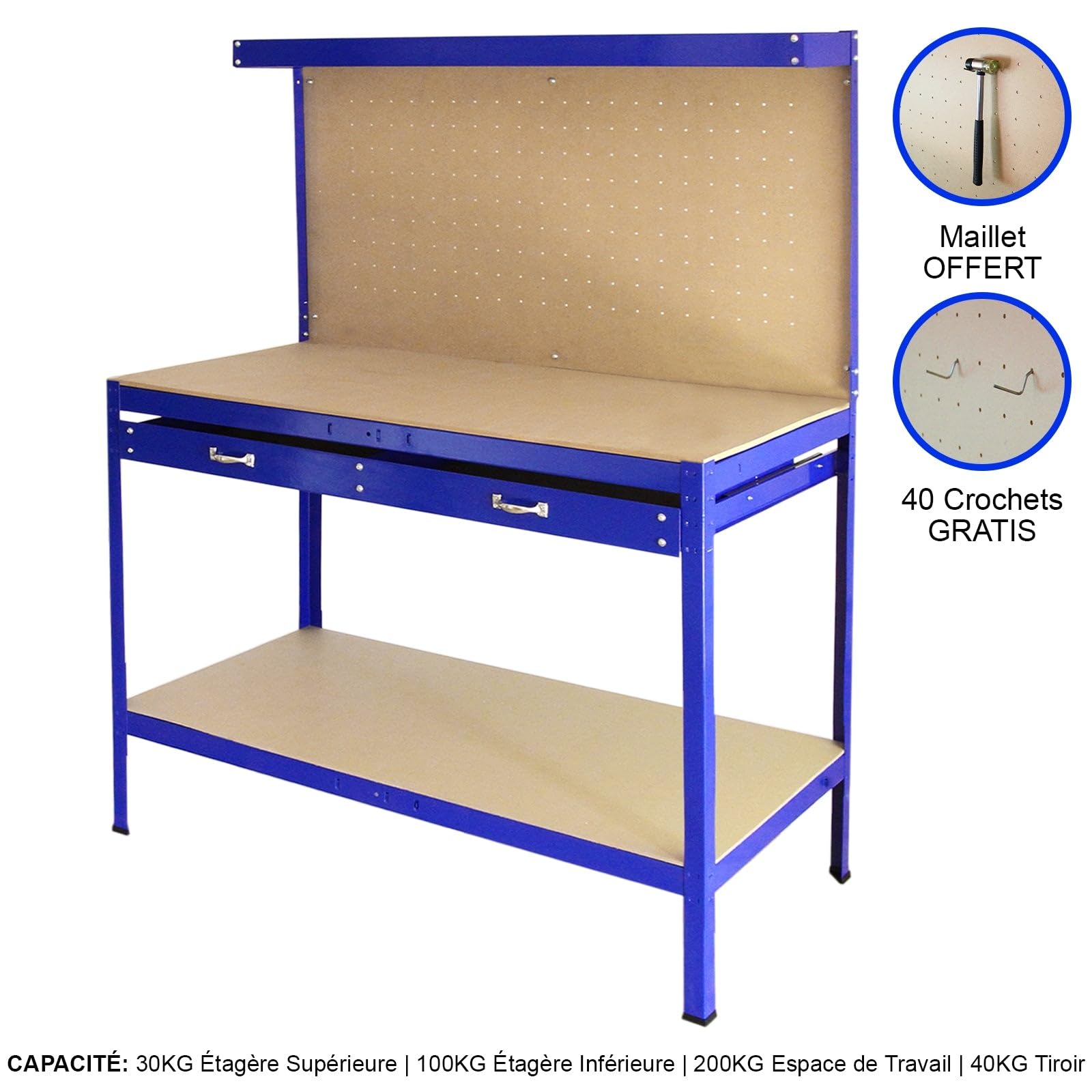 Banco da Lavoro a 3 Livelli con Piano da 120x60cm Ultra Resistente e Pannello Parete Forata Porta Attrezzi Utensili e 40 Ganci universali GRATIS + 2 Mensole e Cassetto - Blu