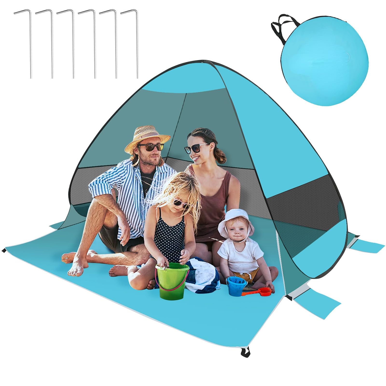 Yallmie Pop Up Beach Uv Tent Sun Shade, Windproof Beach Shade for 3-4 Person Picnic Shelter Portable Sun Uv Protection with 4 Sandbags, Camping Tent for Fishing Hiking Park Party(Lake green)
