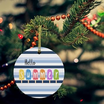 Christmas Tree Ornaments,3" Round Ceramic Xmas Trees Decortaions,Hello Summer Blue White Stripe Double Side Printing Hanging Ornament for Holiday Party Decor Colorful Popsicles