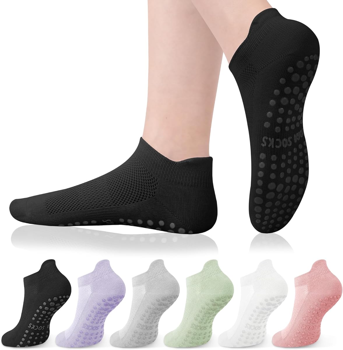 YSense 6 Pairs Pilates Socks with Grips for Women Non Slip Grip Socks Yoga Socks for Ballet Athletic Workout Hospital
