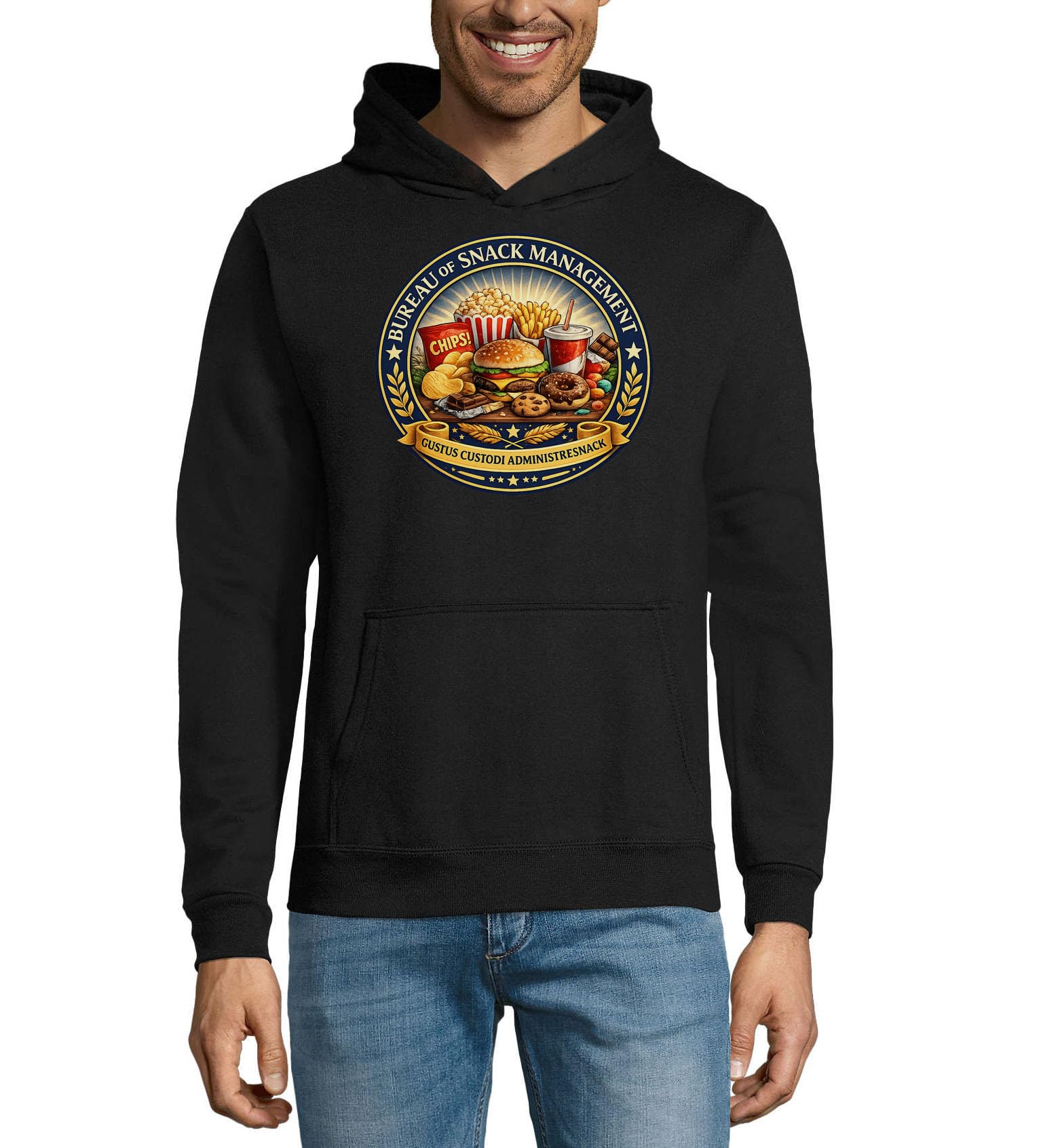 Godło z różnymi popularnymi przekąskami unisex mieszanka bawełny bluza z kapturem bluza z kapturem czarna