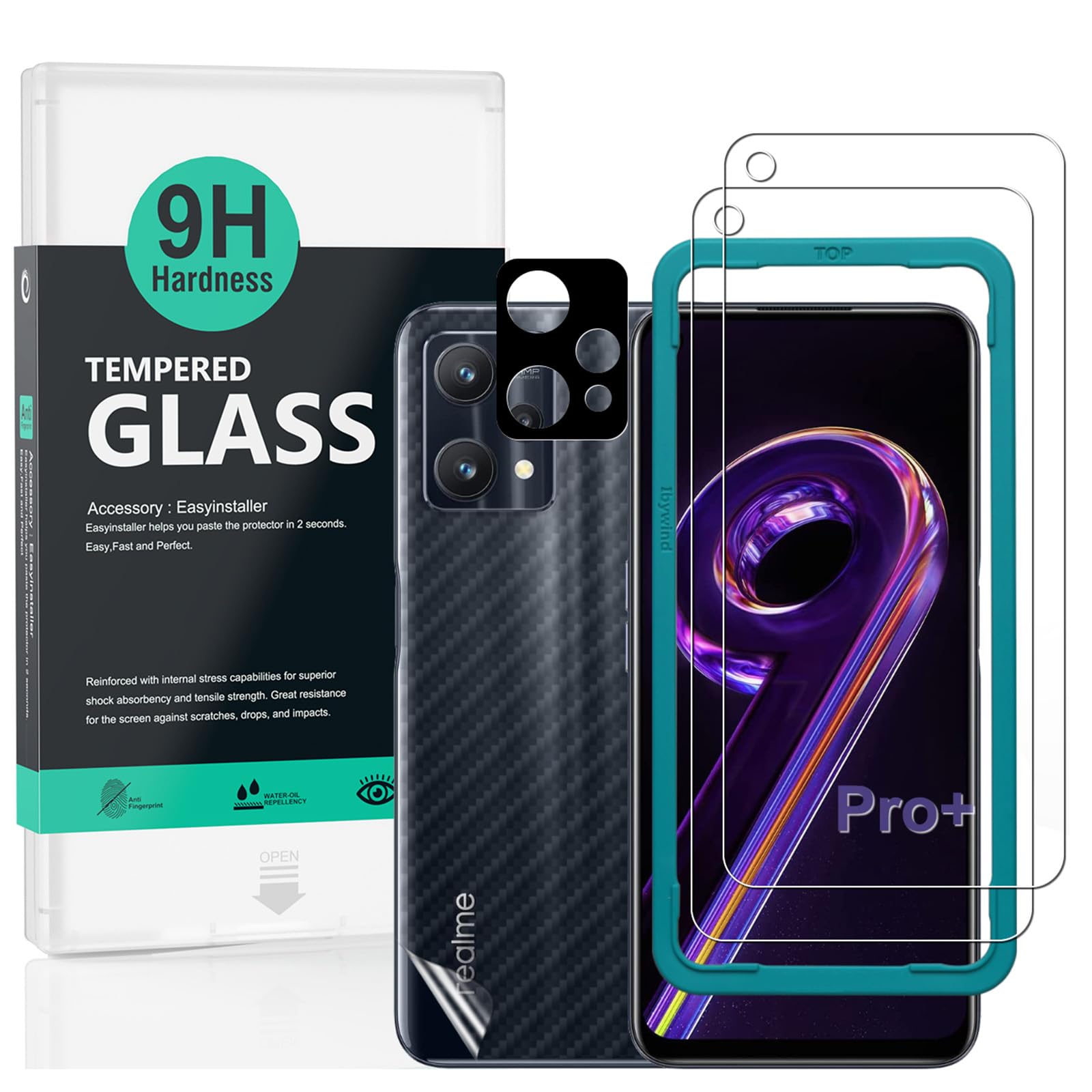Screen Protector For Realme 9 Pro+ 5G 6.4"[2 Pack],9H Hardness Tempered Glass,With 1Pc Camera Lens Protector,Easy to Install