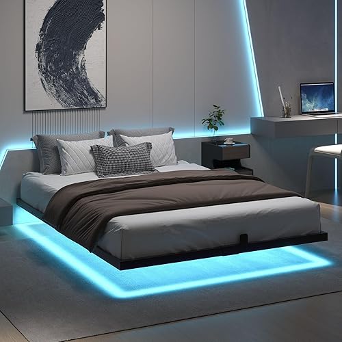 HOMBCK Floating Bed Frame Full Size with LED Light, Modern Metal Bed Frame, No Box Spring Needed, Noise Free, Easy Assembly