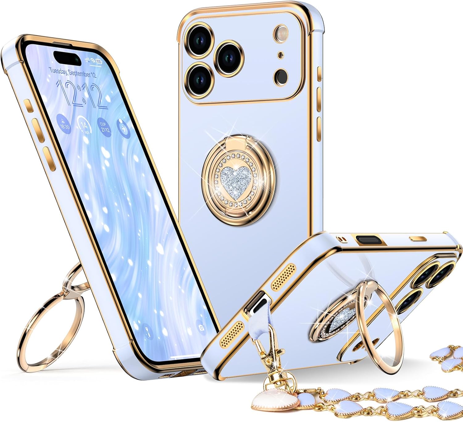 XYZ for iPhone 17 Pro Case with Stand, Phone Case with Double Ring Kickstand, Women Girls Bling Luxury Protective Case Heart for iPhone 17 Pro, Blue