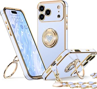 XYZ for iPhone 17 Pro Max Case with Stand, Phone Case with Double Ring Kickstand, Women Girls Bling Luxury Protective Case Heart for iPhone 17 Pro Max, Blue