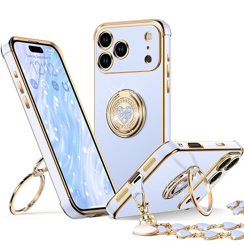 XYZ for iPhone 17 Pro Max Back Cover Case with Stand, Phone Case with Double Ring Kickstand, Women Girls Bling Luxury Protective Case Heart for iPhone 17 Pro Max, Blue
