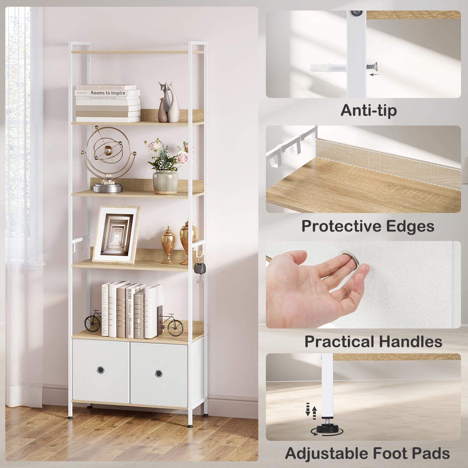 WOLTU Libreria a 5 Piani con 2 Cassetti, Scaffale di Stoccaggio a Pavimento, Moderno, Struttura in Acciaio, Soggiorno/Ufficio/Studio/Cucina/Camera da Letto, Rovere Chiaro+Bianco, RGB62whe