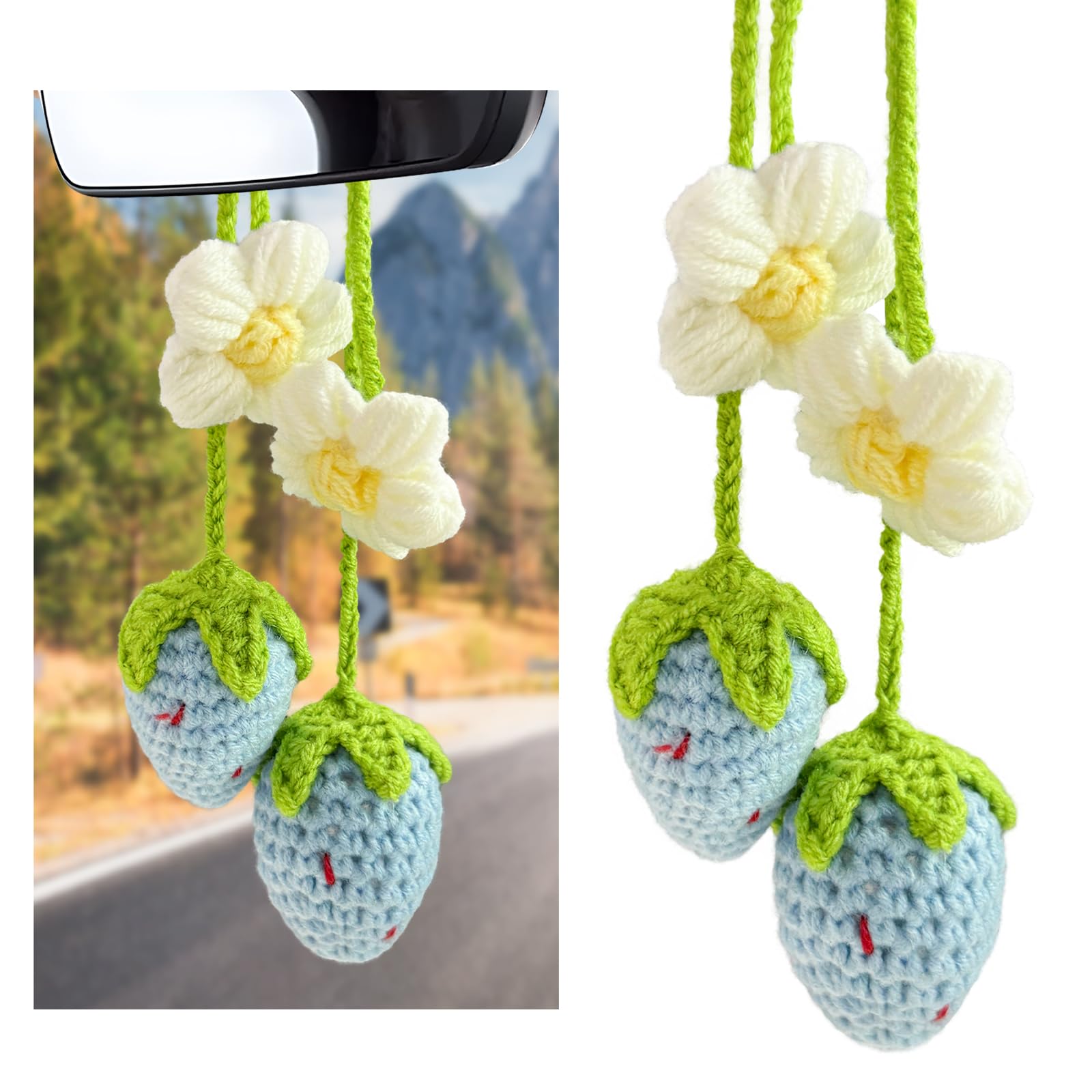 DXNQ 2PCS Crochet Strawberry Hanging Ornament, Cute Strawberry Flower Car Rear View Mirror Pendant, Handmade Knitted Hanging Charm Auto Interior Decor
