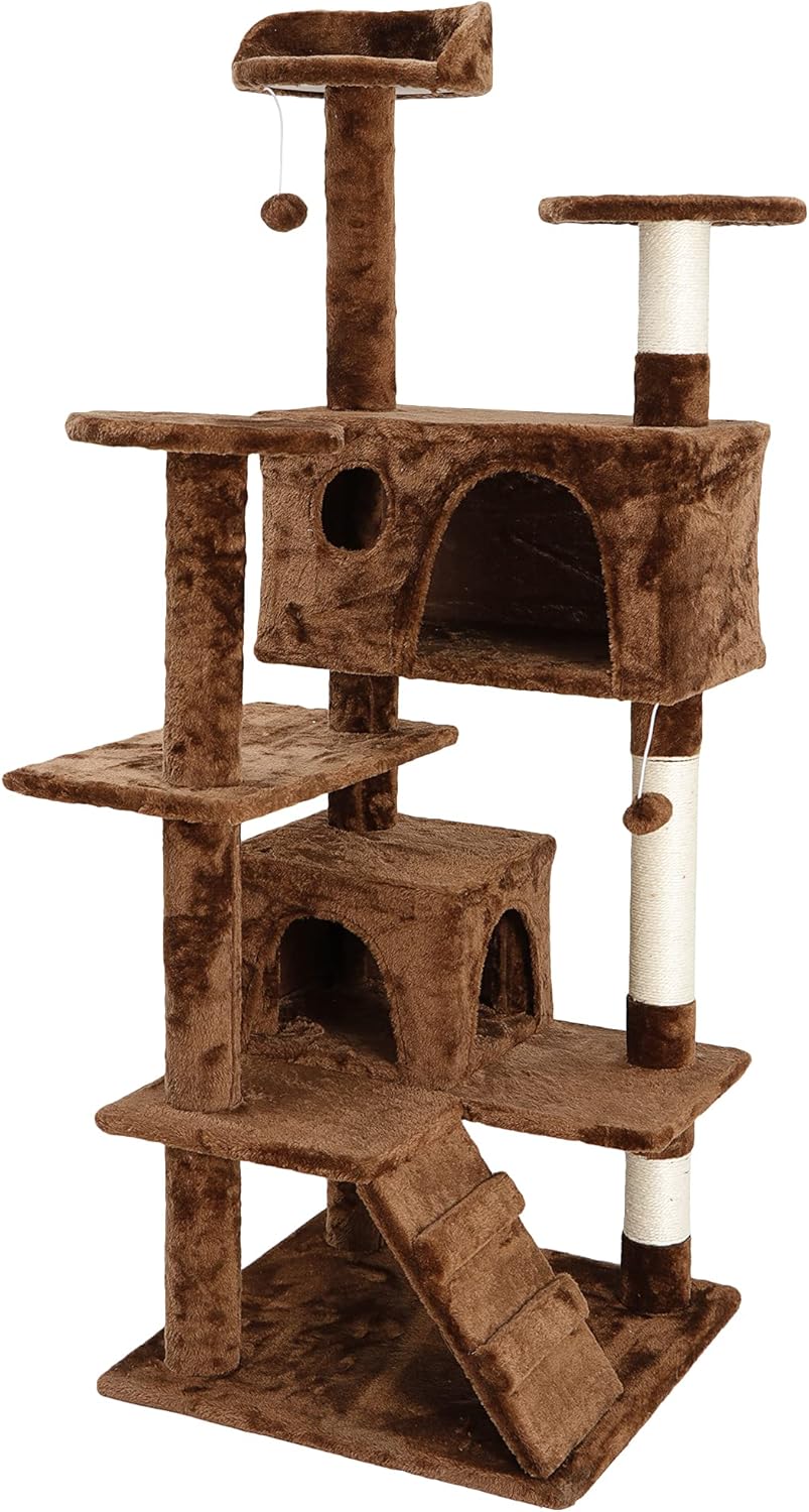 53 inches Heavy Duty Multi-Level Cat Tree Tower with Condo Furniture & Scratching Posts for Kittens Play Rest (Brown)