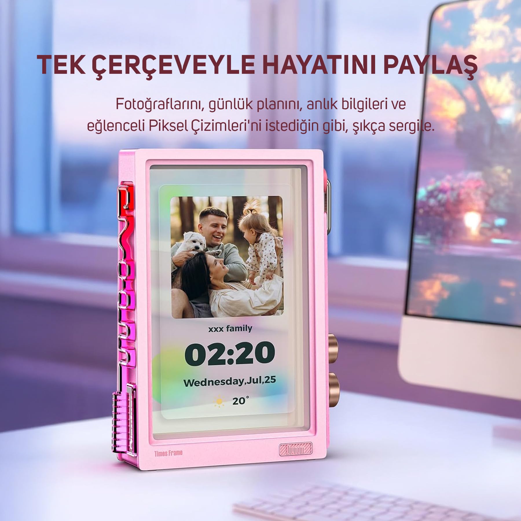 Divoom LoveLock Ses Kayıt Özellikli Bluetooth Hoparlör ve Times Frame Akıllı Dijital Çerçeve Hediye Seti, Pembe