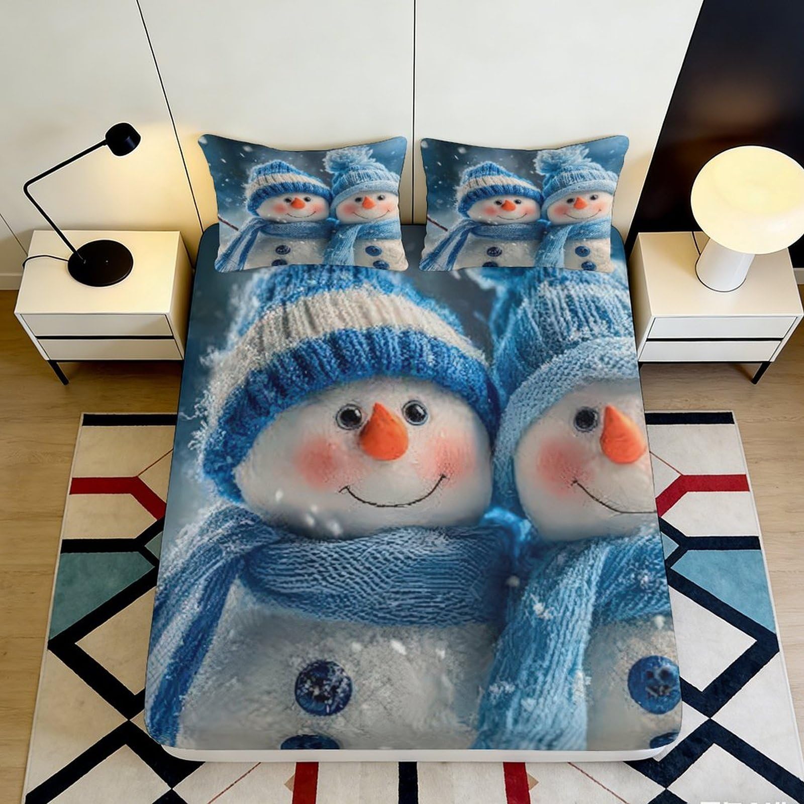 3D Printed Snowman Fitted Sheet Microfiber Deep Pocket Bedroom Bedding Full Wrap Snowman Mattress Fitted Cover Washable for Adults 180x200x25cm