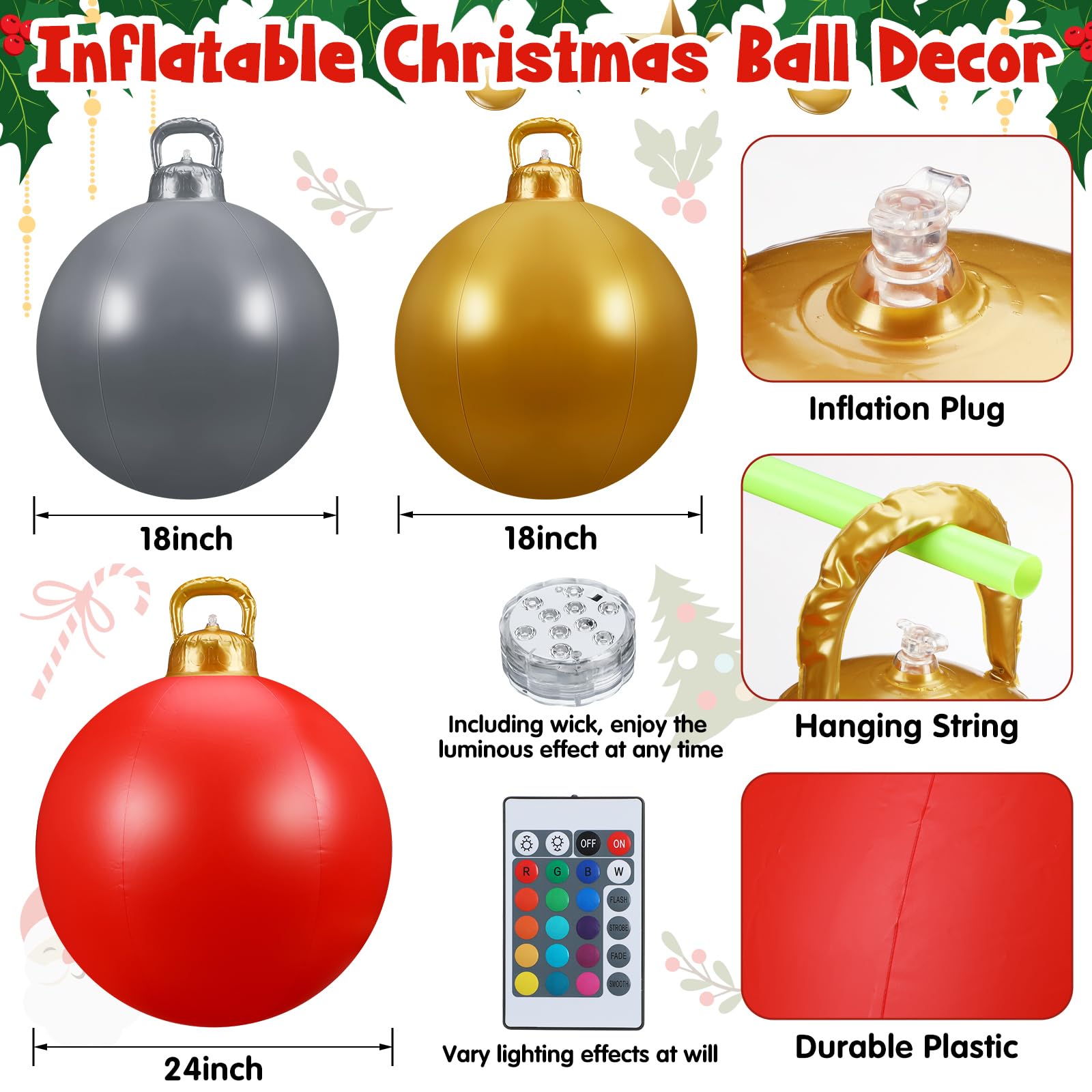 Jetec 3 Pcs Outdoor Light Up Christmas Ball Decorations Large Christmas Inflatable PVC Decorated Balls with Light and Remote Giant Xmas Ornaments Ball for Holiday Yard Lawn Porch Decor (Classic)