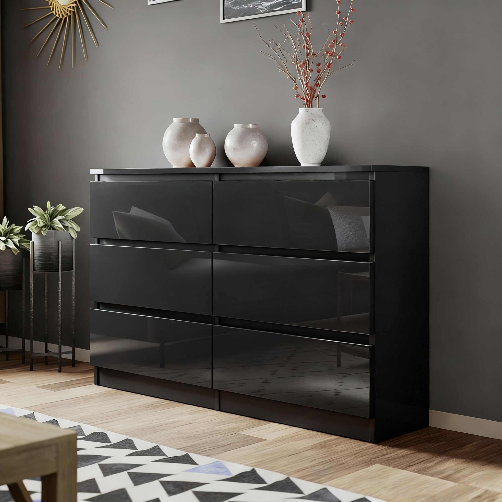 LSLIFE Black Chest of Drawers 6 Drawer Dresser Storage Cabinet High Gloss Bedside Table Cabinet for Bedroom Living Room Office 120 (L) x 77(H) cm (Black-6 Drawer Cabinet)