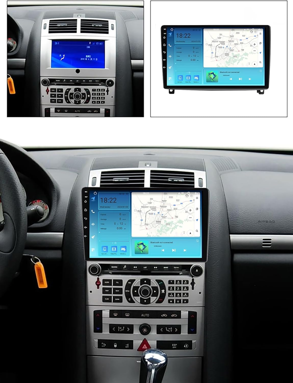 Comparison of original Peugeot 407 dashboard with the NALsa M300S installed, showing the seamless integration of the new head unit.
