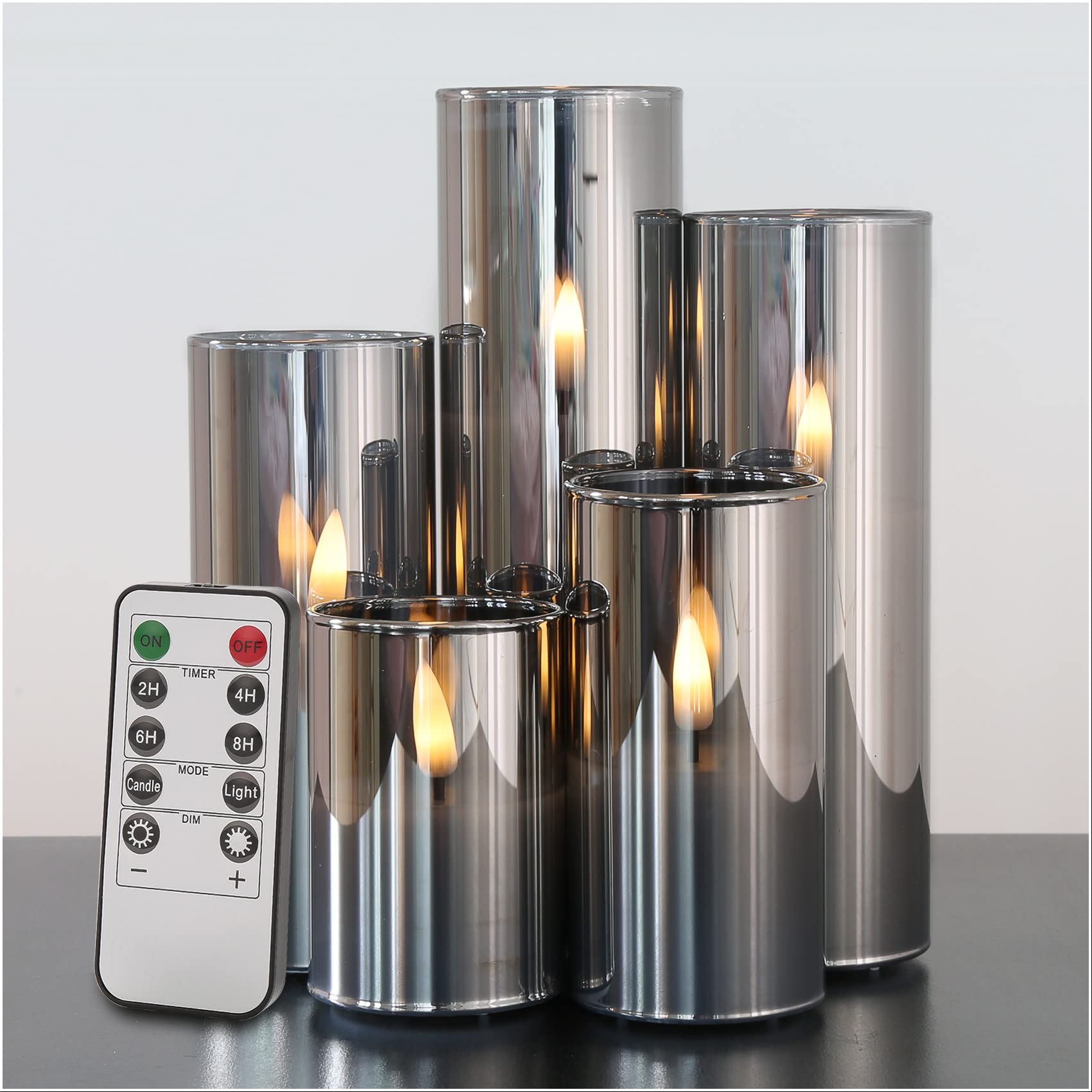 Girimax Grey Glass Flameless Candles with Remote, Flickering LED Votive Pillar Candles Battery Operated Slim Tall Candles ?ª 2" H 3" 4" 5" 6" 7"