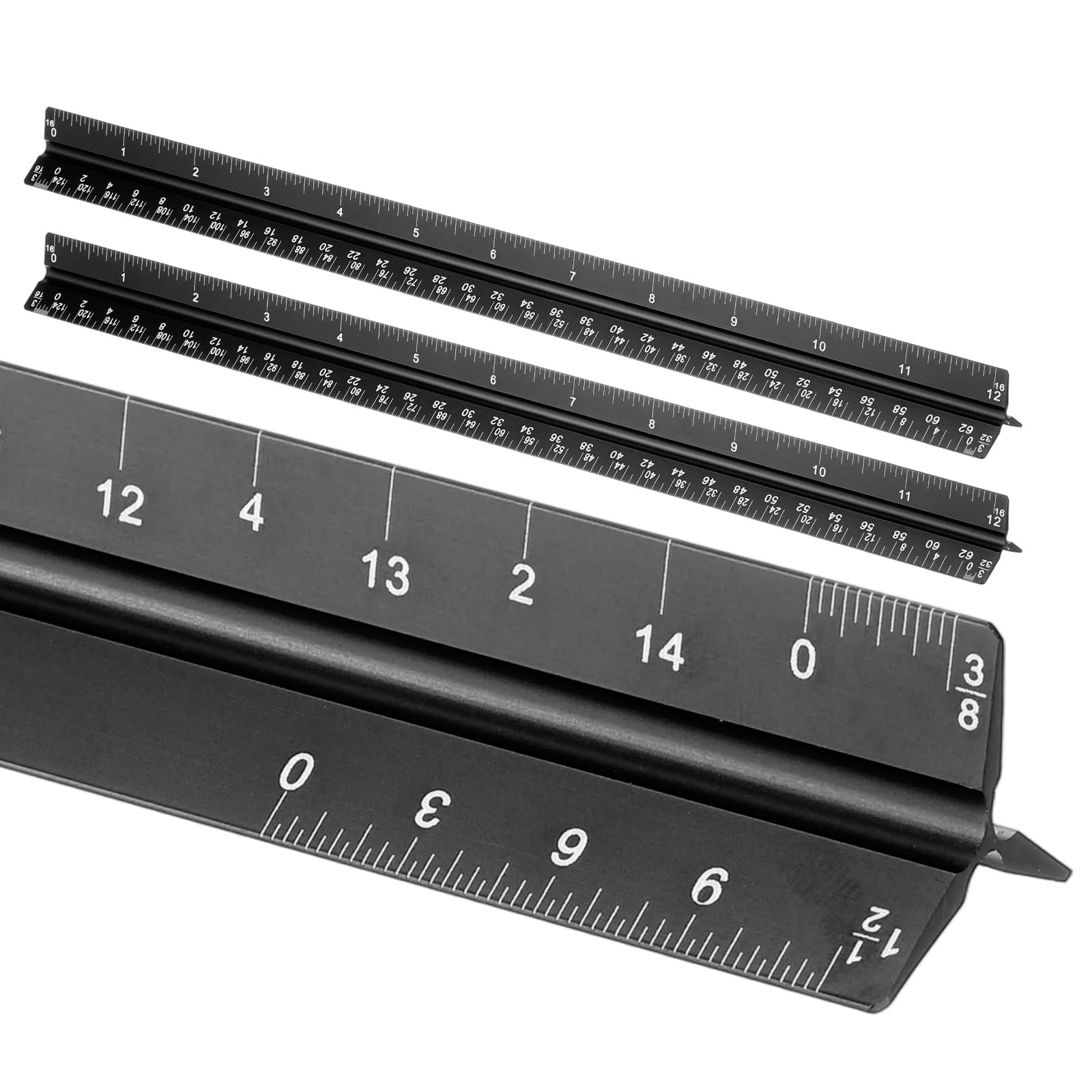 sourcing map 2 Pcs Architectural Scale Ruler, 12 Inch Standard Aluminum Alloy Architect Triangular Small Scale Laser-Etched Blueprint Drafting Ruler for Architects Engineers, Black