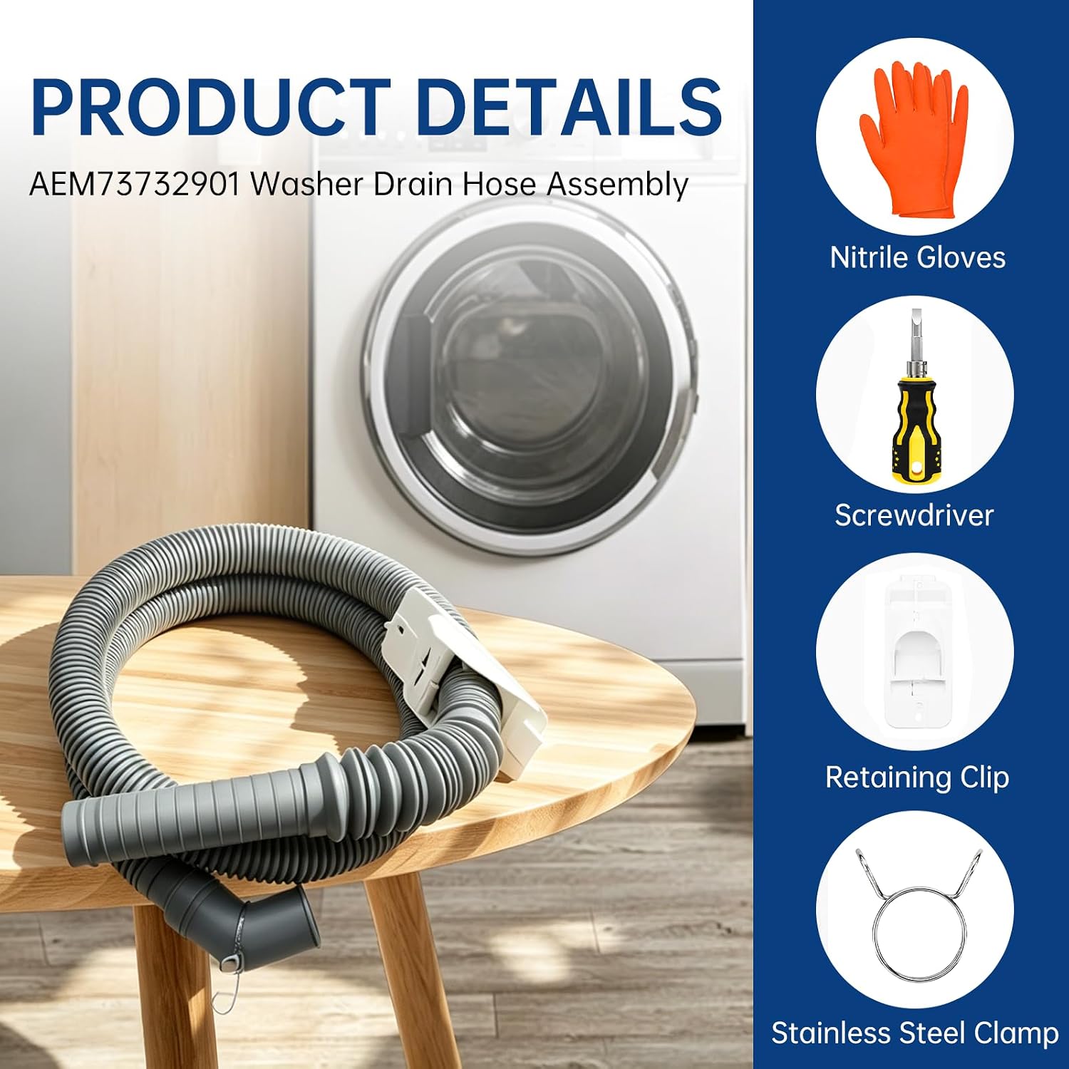 AEM73732901 Washer Drain Hose, 63 Inch, Compatible with LG & Kenmore Washing Machines, Replaces AEM74053001, MEGJ62685201, 2702257, PS8749199, Includes Screwdriver & Gloves