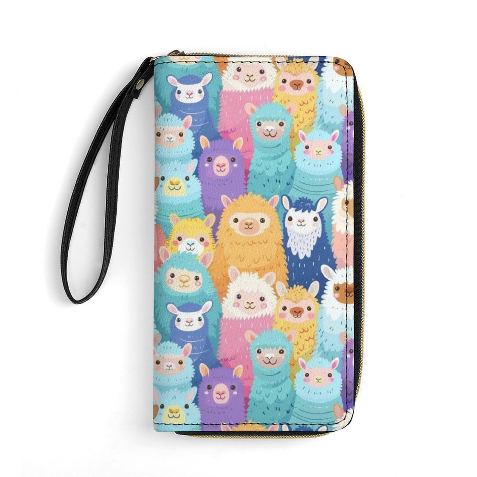 Cute Colorful Alpaca Llama Wallet for Women Mens PU Leather Credit Card Cash Id Holder Organizer with Zipper Coin Pocket And Wristlet