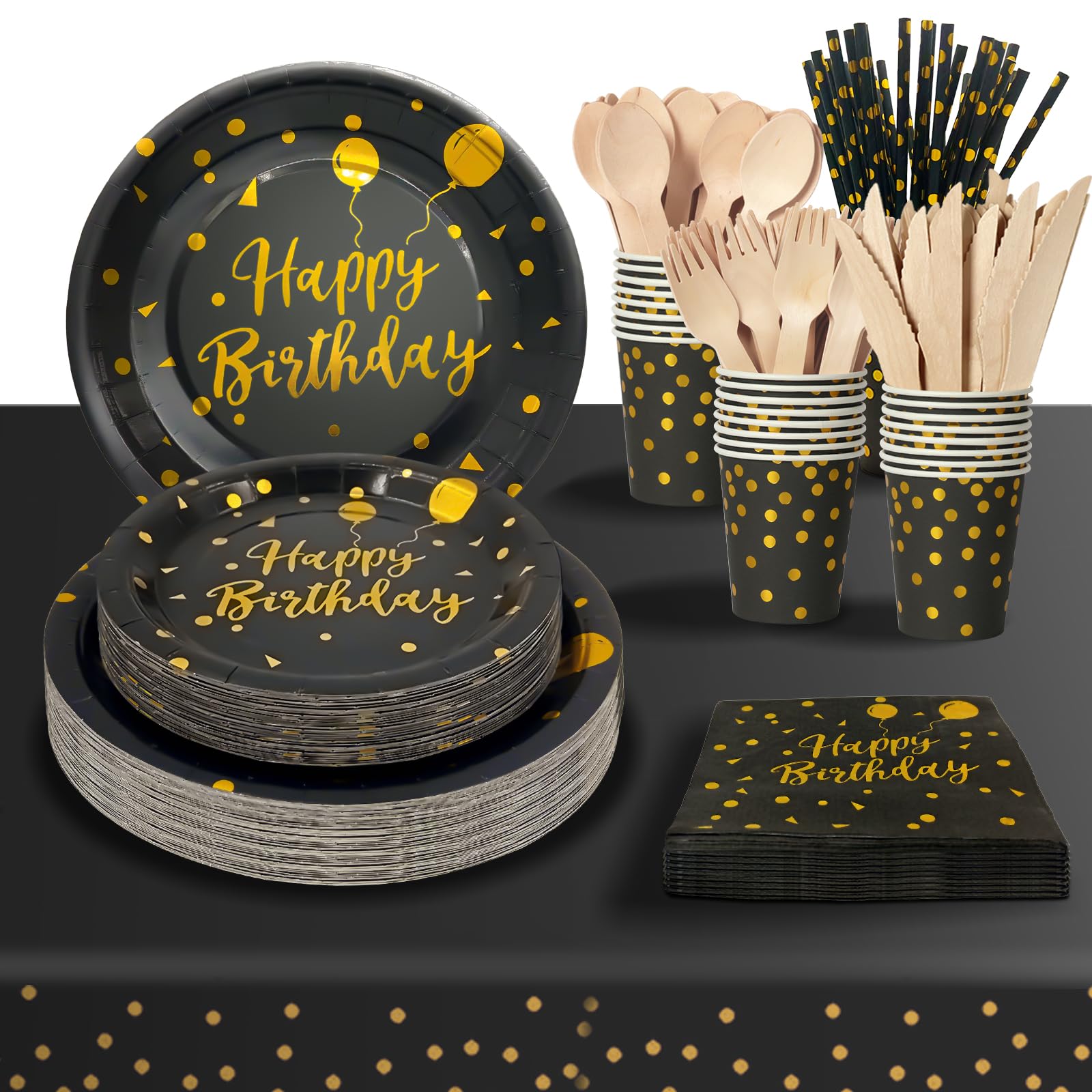 Compleanno Stoviglie Oro Nero 193 Pezzi Set Include Piatti, Tovaglioli, Tazze di Carta, Adatto a Tutti i tipi di Feste a Tema -24 Ospiti