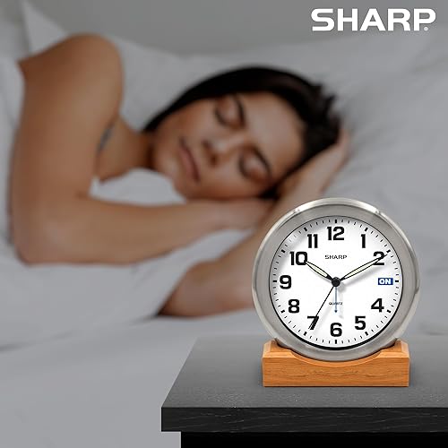 Miniatura 3 de Sharp Reloj despertador analógico de cuarzo silencioso con indicador de estado de alarma en la esfera, reloj de metal cepillado con soporte de