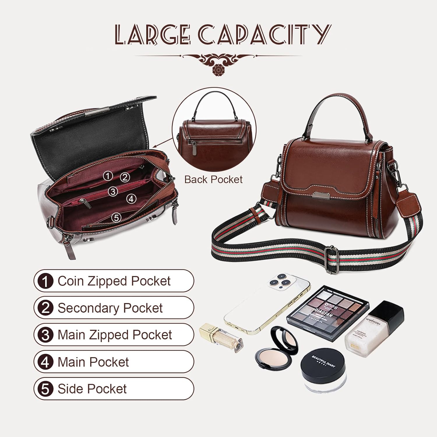 Waxed Leather Crossbody for Women, Top-Handbags Removable 2 Shoulder Straps - Image 3