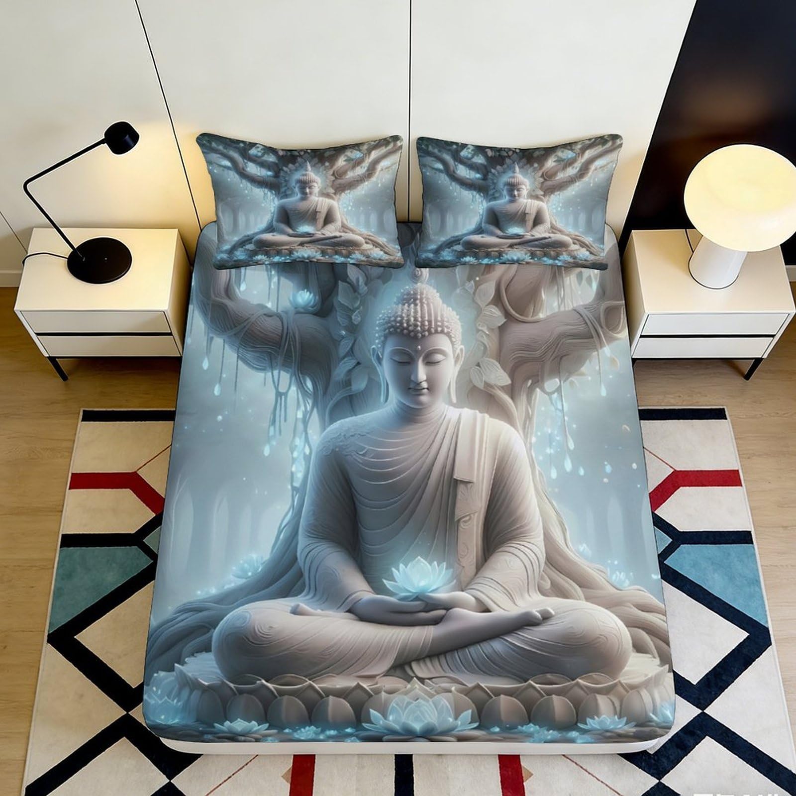 3D Printed Buddha Meditation Fitted Sheet Microfiber Soft Breathable Zen Lotus Bed Cover Bedroom Decor 90x200x25cm