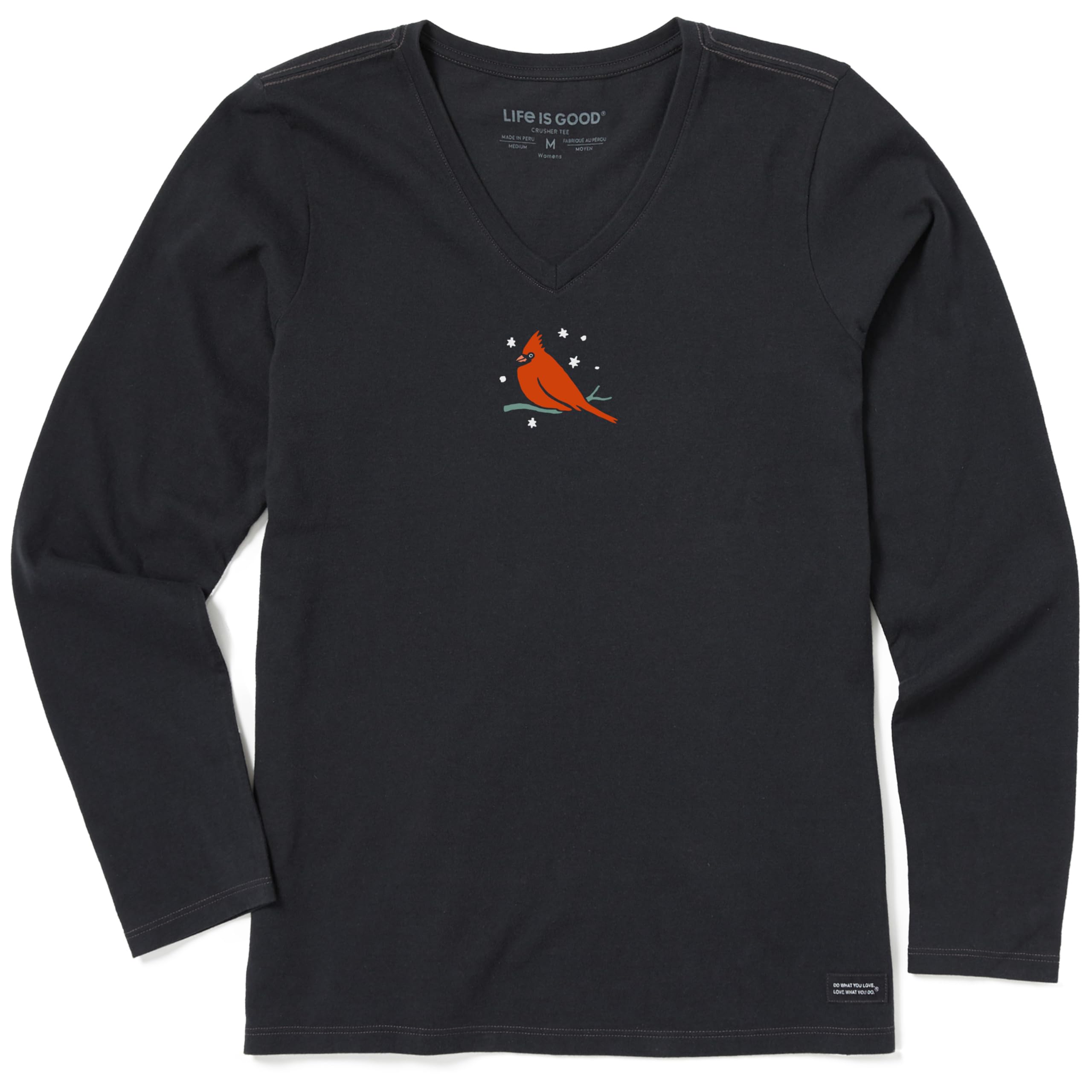 Womens Crusher Tee Shirt, Long Sleeve Cotton Graphic T-Shirts, Winter Cardinal Perch