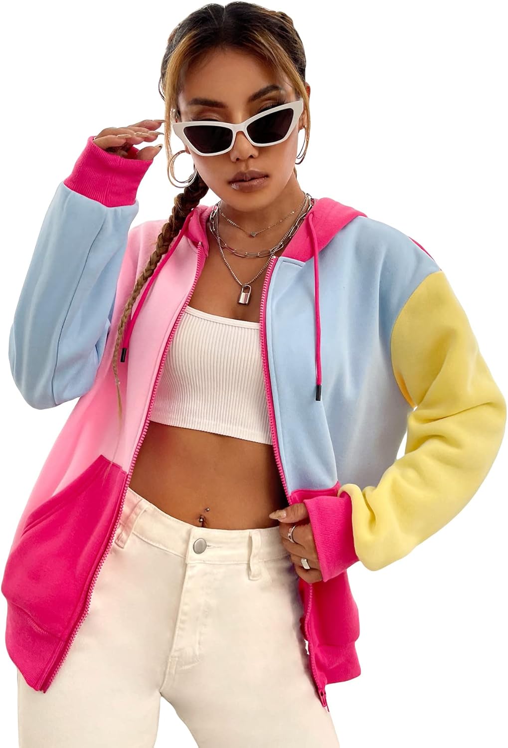 WDIRARA Women's Color Block Zip Front Drawstring Long Sleeve Hoodie Pocket Sweatshirt