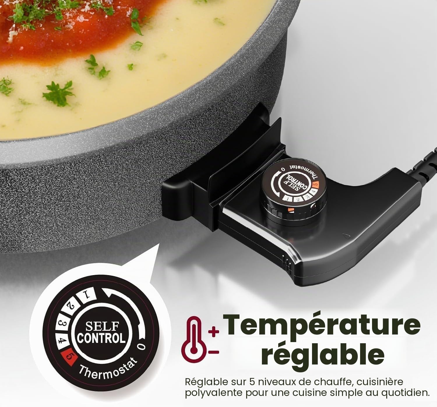 Poêle électrique de 42 cm avec couvercle, 1500W antiadhésive, Thermostat réglable pour frire, griller, faire des marmites et des pizzas lors de réunions de famille (9 cm de profondeur)