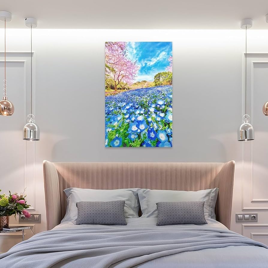 Amazon.co.jp: 絵画 ネモフィラ田と桜インテリア 絵画 美しい