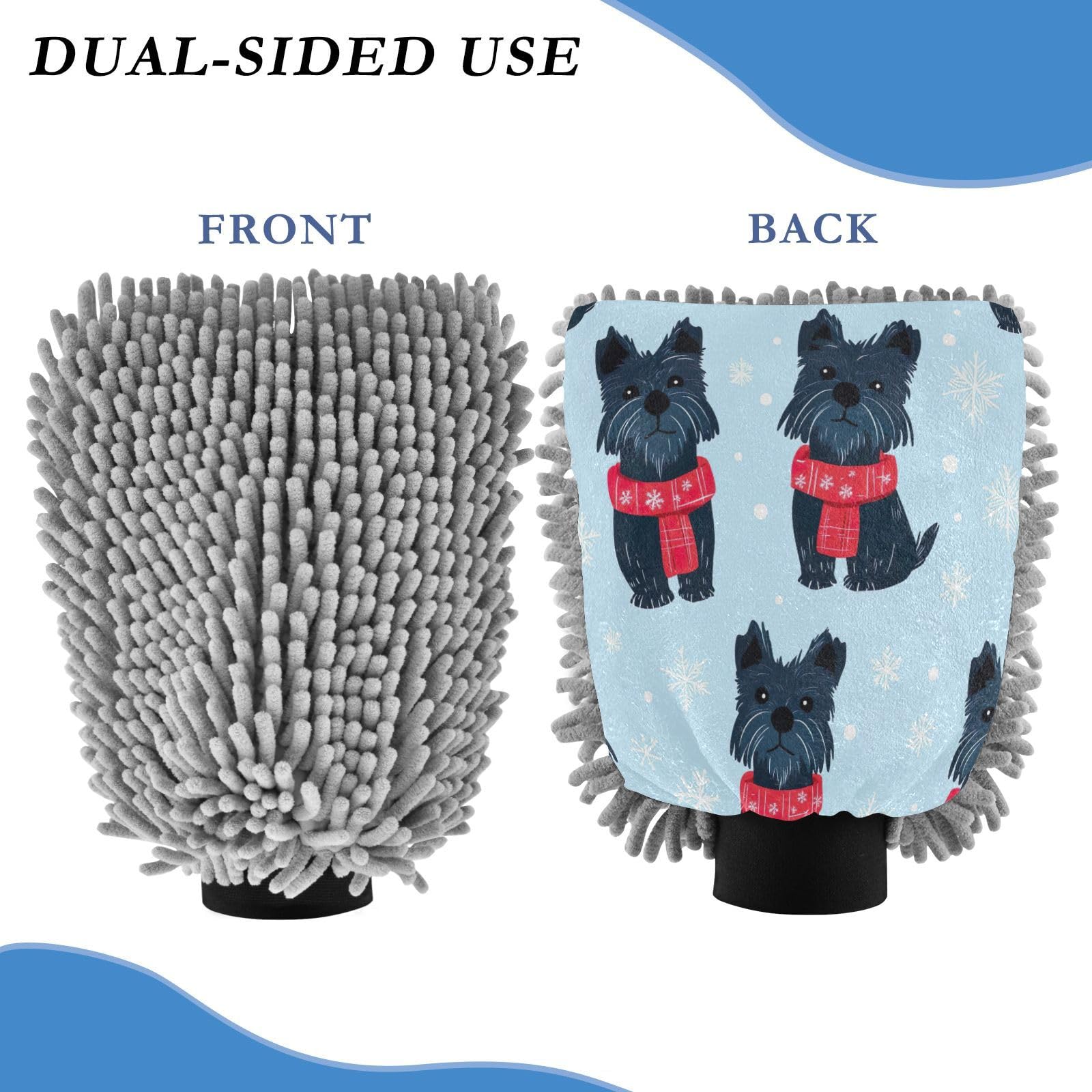 STAYTOP Cute Dog Wearing A Red Scarf Car Wash Mitt Microfiber, 2Pcs Scratch Free Lint-Free, Premium Chenille Microfiber Mitt Car Wash Brush-L