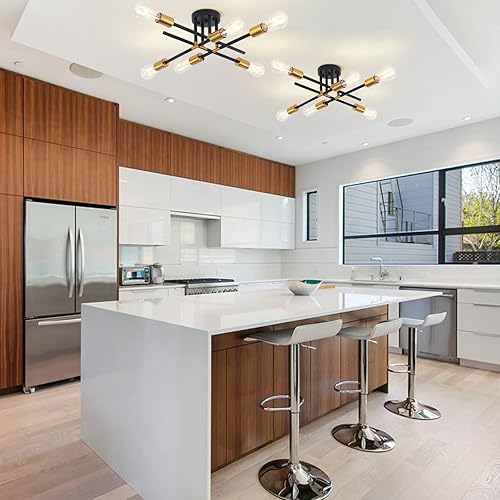 Miniatura 8 de Corlaceling Lámpara de techo para montaje en techo, 6 lámparas Sputnik negras y doradas, lámpara de techo semiempotrada, luces de cocina, lámpara de