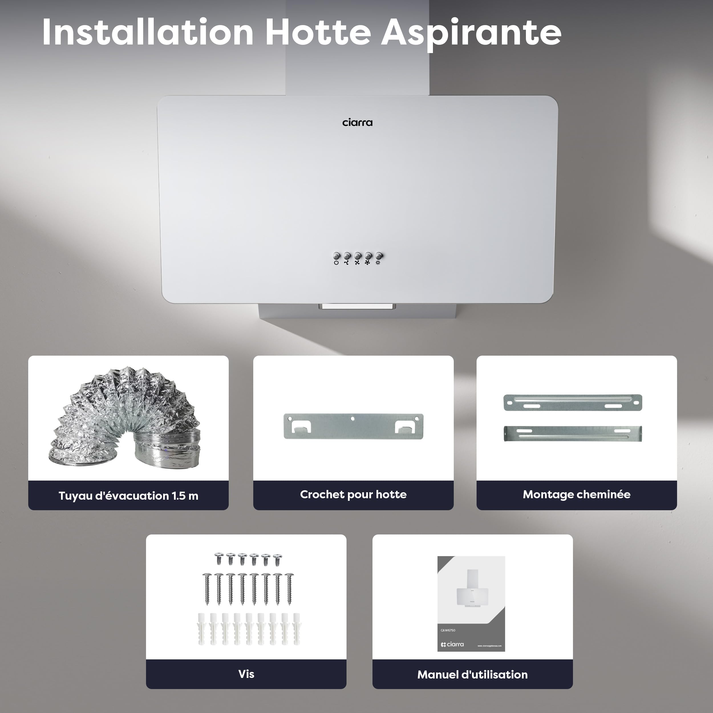 CIARRA Hotte Aspirante Inclinée 60cm 350 m³/h LED Silencieuse Recyclage Evacuation Blanc