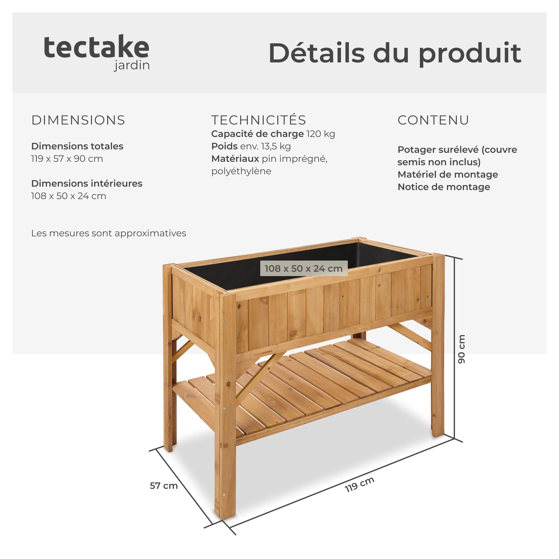 tectake® Carré Potager de Jardin sur Pied surélevé en Bois, Bac à semis Jardiniere Bois avec Rangement pour Les Outils, pour Amenagement Serre de Jardin - 119 x 57 x 90 cm