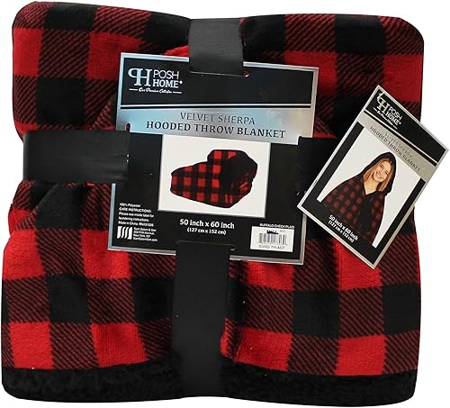 Miniatura 2 de Work from Home - Manta Sherpa de jersey con capucha, 50 x 60 pulgadas (terciopelo rojo a cuadros)