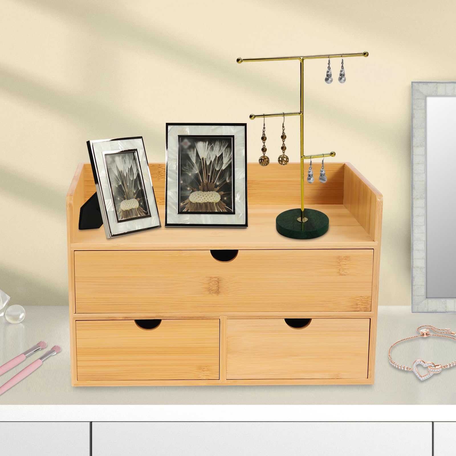 Organiseur de bureau avec tiroirs - En bambou - Mini commode - Boîte à maquillage avec 3 tiroirs - Pour bureau, salon et chambre à coucher - Design monobloc