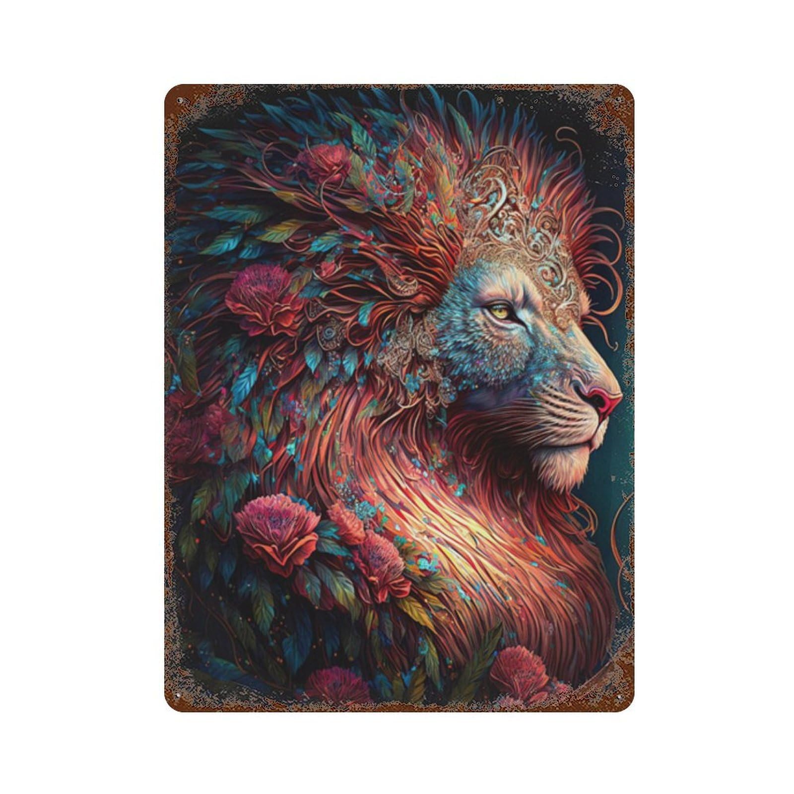 Vintage Rust Metal Sign Fantasy Lion Art Print-1 15.7"x11.8", Retro Wall Decor for Patio, Garden Room And Bar Decor