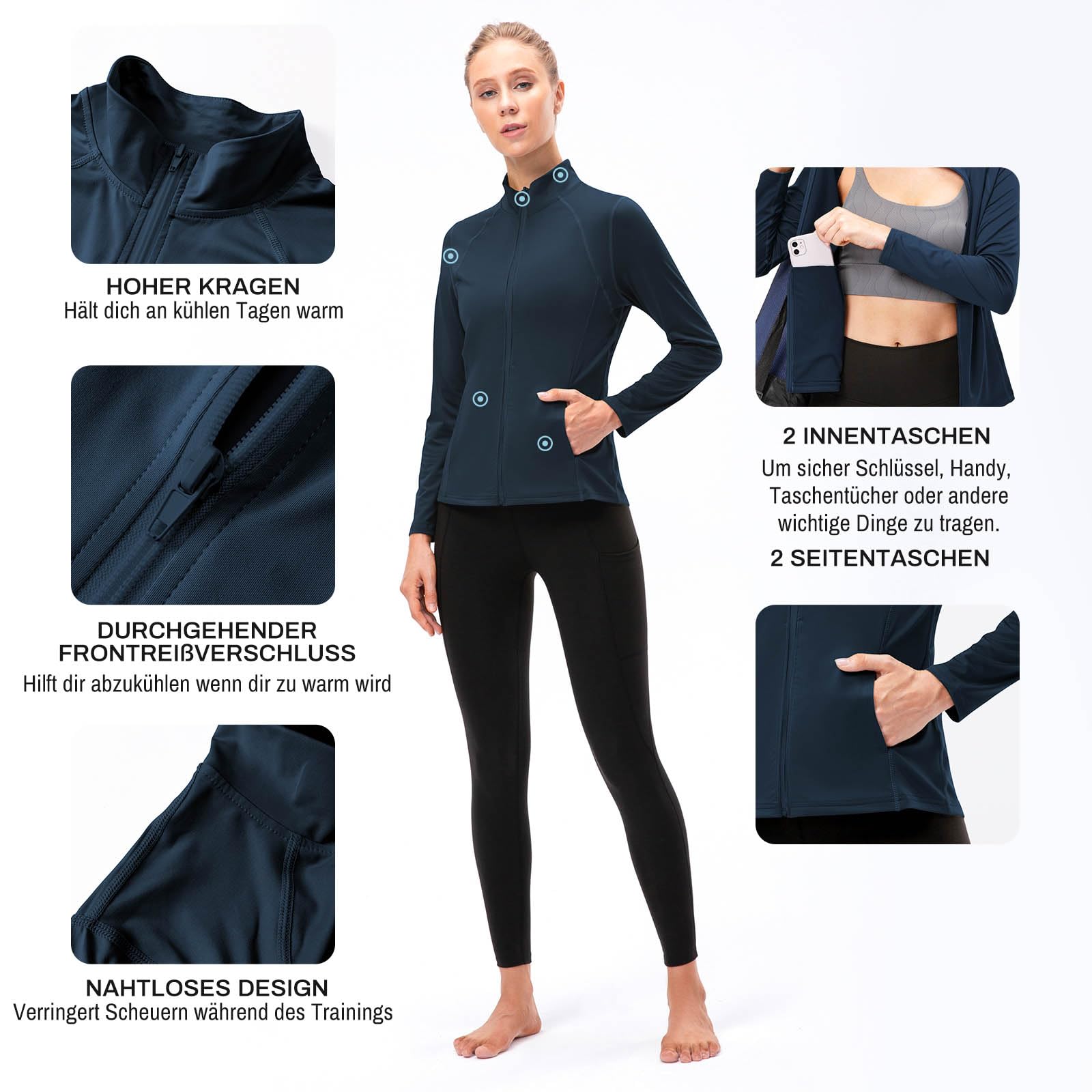 Laufjacke Damen Atmungsaktiv Taschen Sportjacke Damen Full Zip Leicht Trainingsjacke Damen Gym Fitness Yoga Langarm Shirt,Schnelltrocknend Weich UPF50+