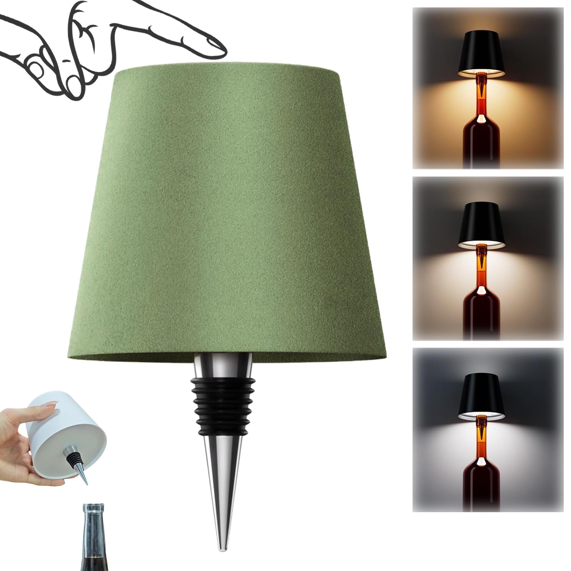 AIMARS Wireless Bottle Lamp, 3 Color Stepless Dimming Wine Bottle Lamp, LED Rechargeable Touch Control Wireless Bottle Lampshade for Bedroom, Restaurant, Bar (Pale Green, 1-Pack)