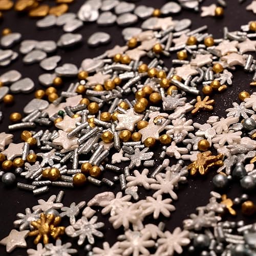 Miniatura 6 de Confect Gránulos navideños  Gránulos navideños para hornear y pasteles decorativos  Oro y plata Paquete de 5 chispas de corazón, copos de nieve