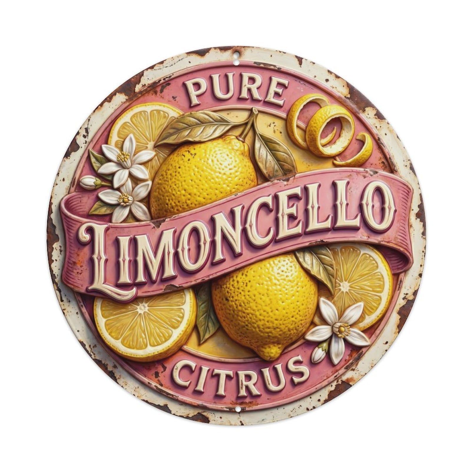 Pure Citrus Limoncello Badge Metal Tin Sign Plaque Wall Decor for Cafe, Club Bar, Office, Home Garden Round Metal Poster 8x8Inch